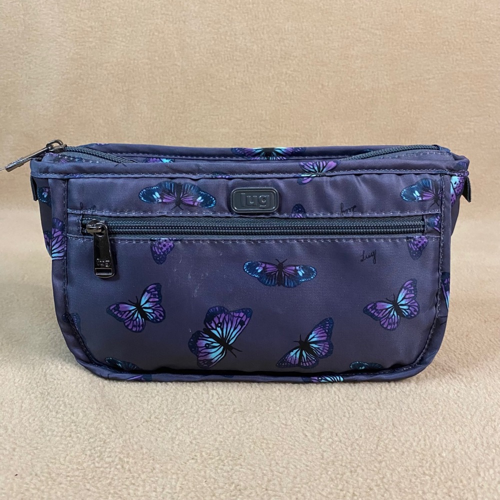 Lug Parasail Butterfly Grey‎ Print Cosmetic Travel Toiletries Bag Zip Makeup EUC